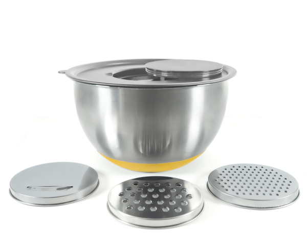 Zestaw 3 misek PIKA inox z pokrywami szklanymi i pokrywą 3-w-1 z tarkami